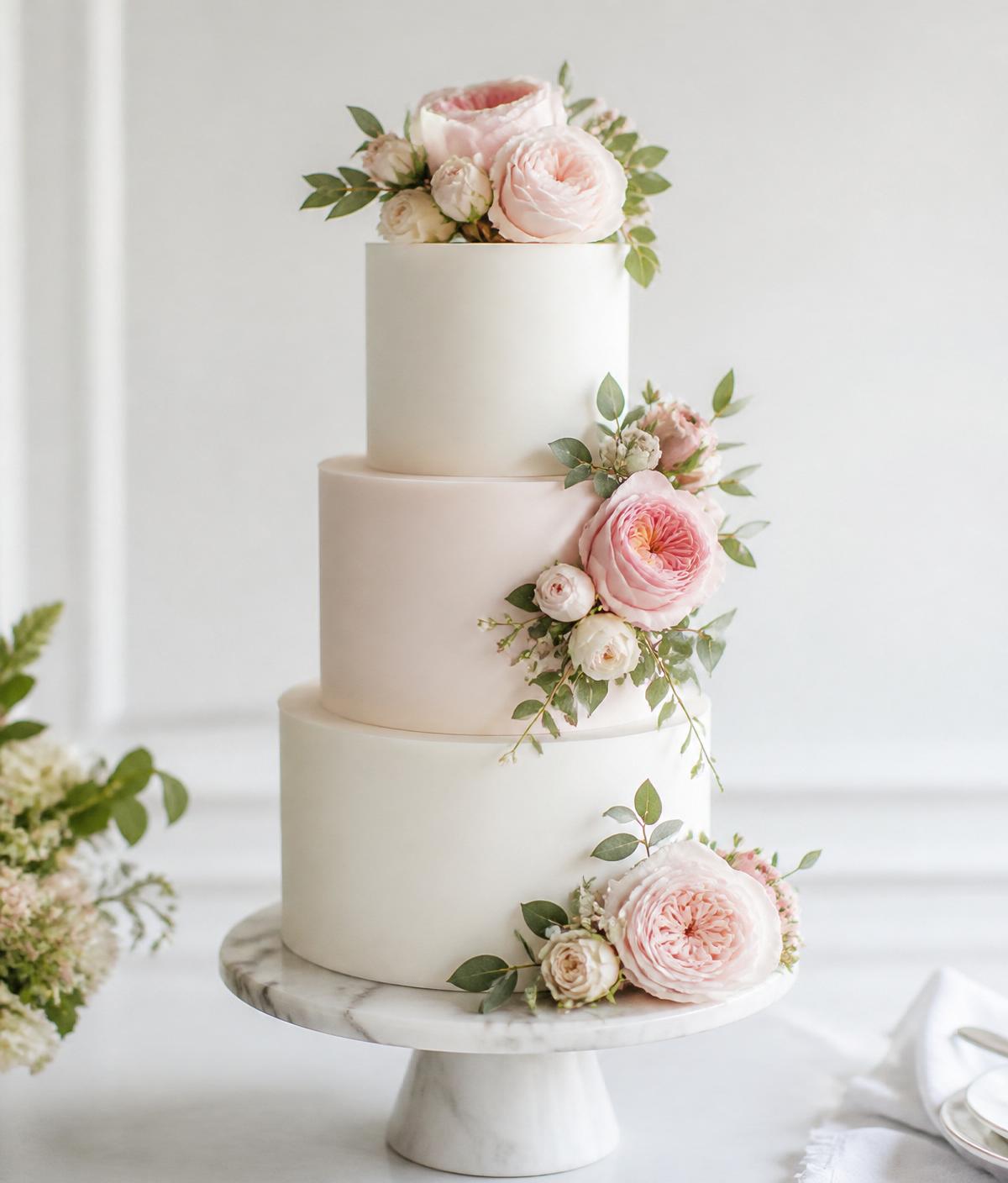 Pastel de tres pisos con rosas rosas frescas — repostería fina Guadalajara
