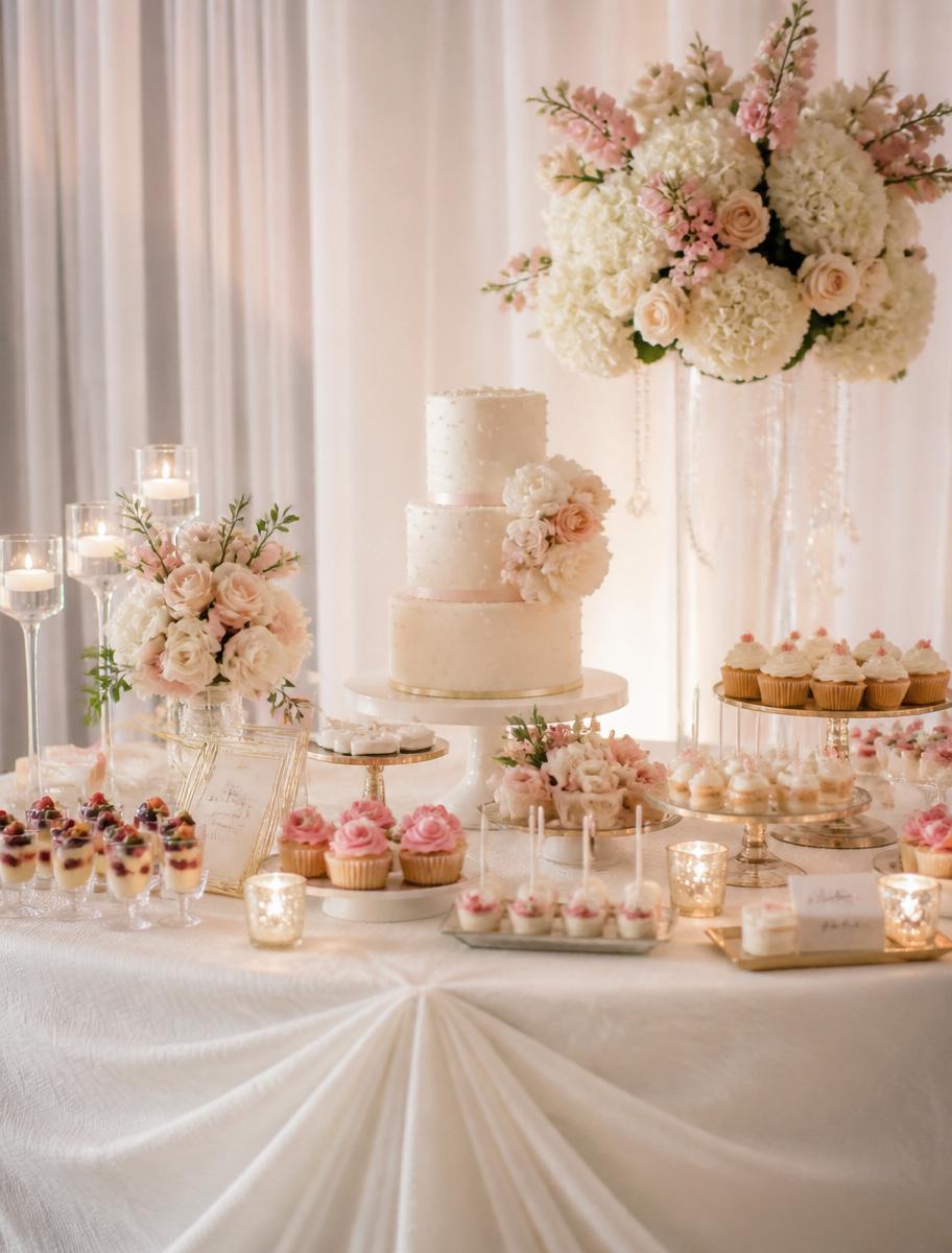Mesa de postres elegante para boda con torre de cupcakes y flores