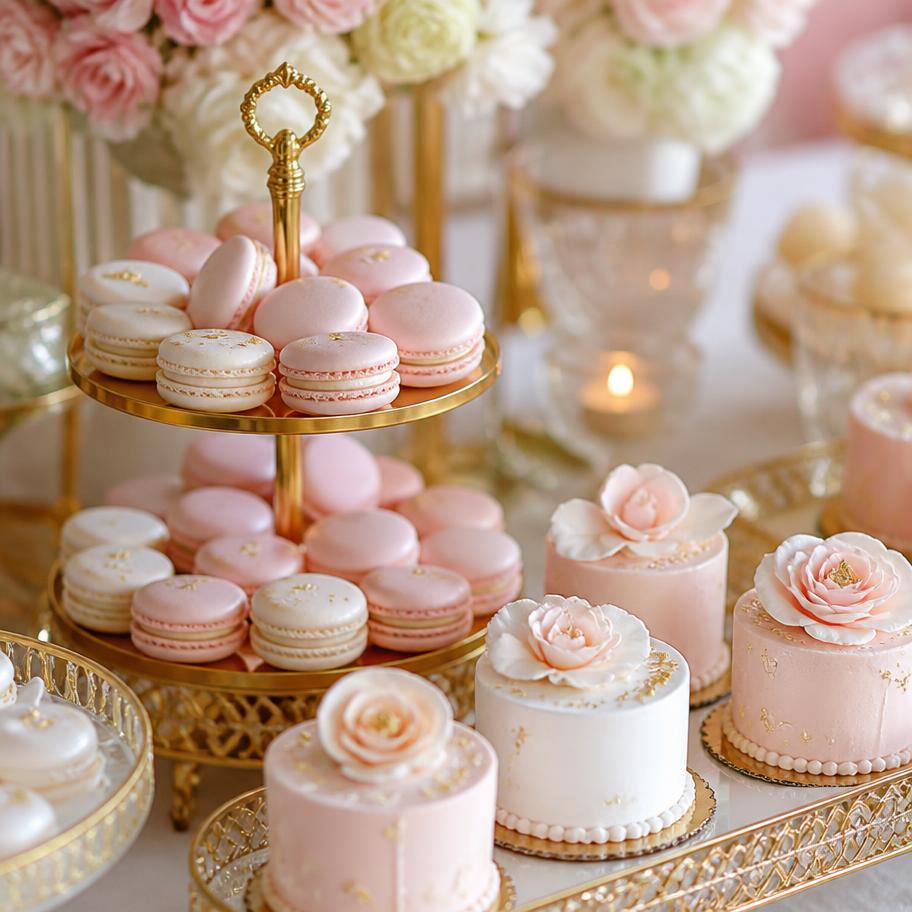 Detalle de mesa de dulces con macarons y mini pasteles rosas