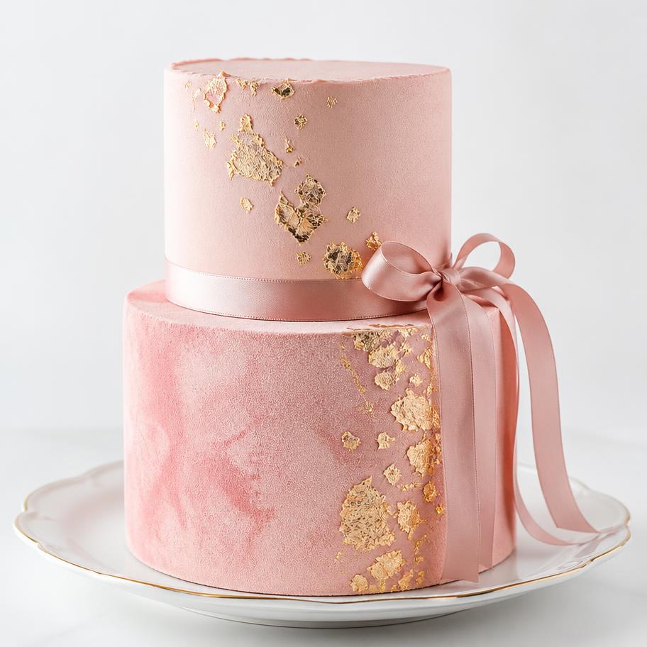 Pastel personalizado rosa con detalles de hoja de oro y listón de seda